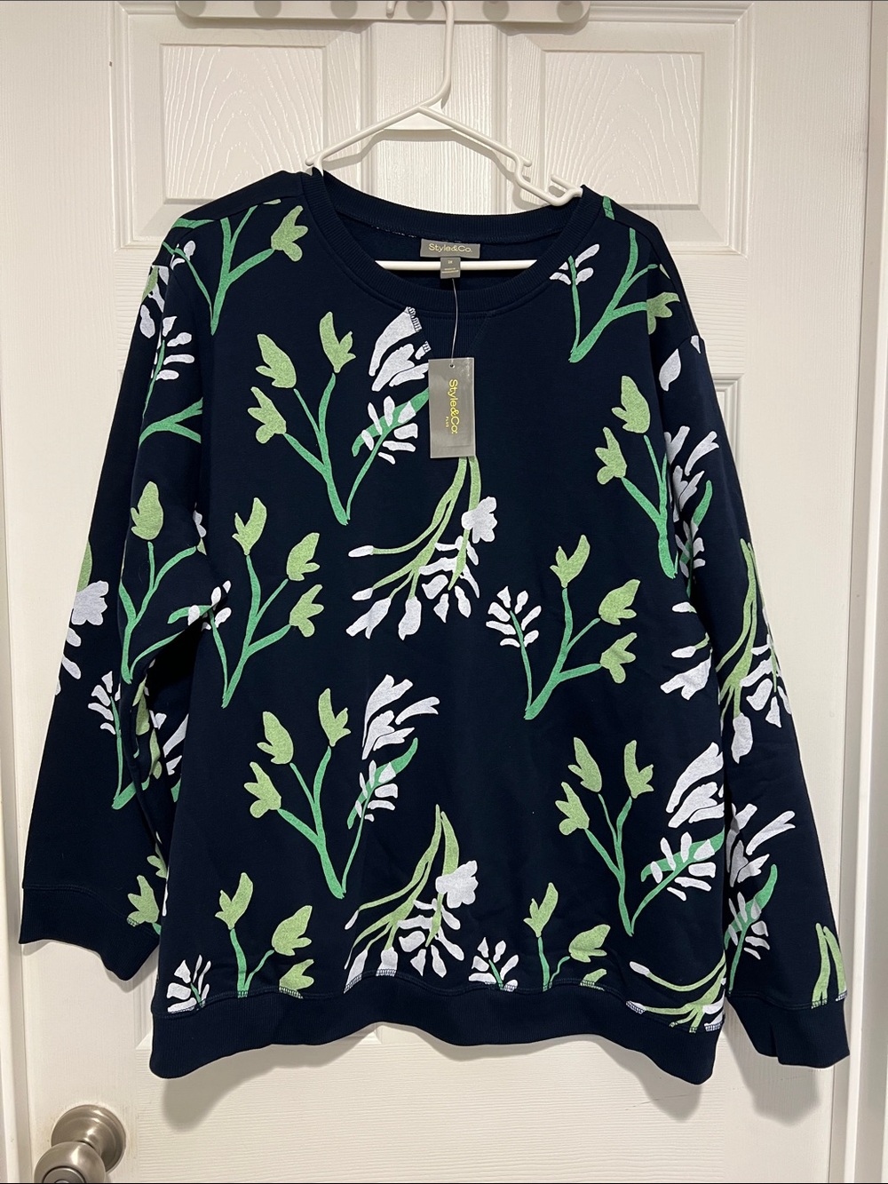 Style & Co. Navy Sweatshirt with Green and White Floral Print